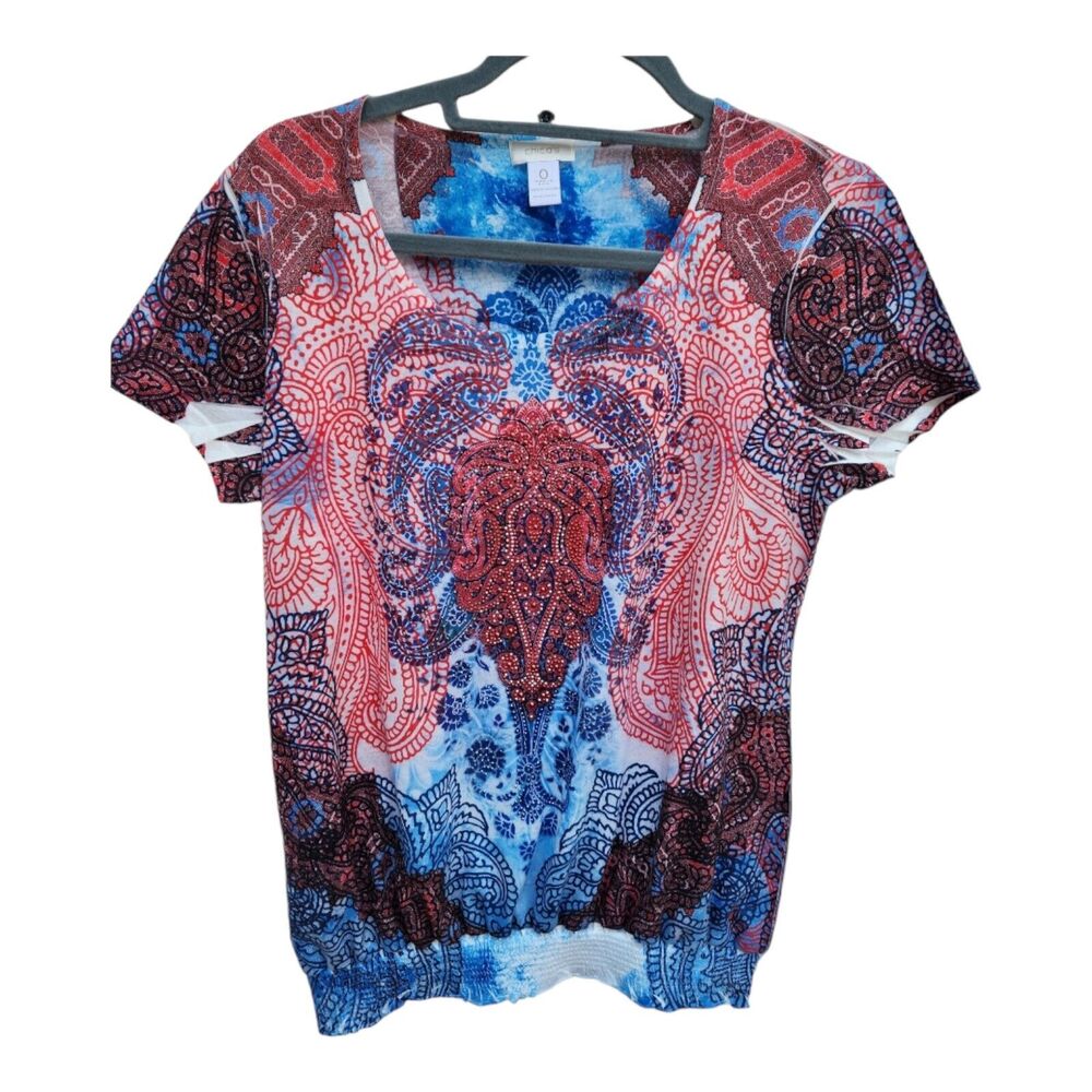 Chico's Top Beaded Short Sleeve Chico’s Size 0 Red Blue White Women's Boho